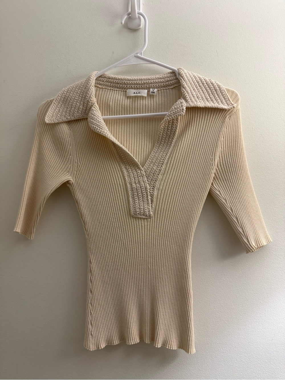 A.L.C. Ribbed Knit Polo Top in Cream